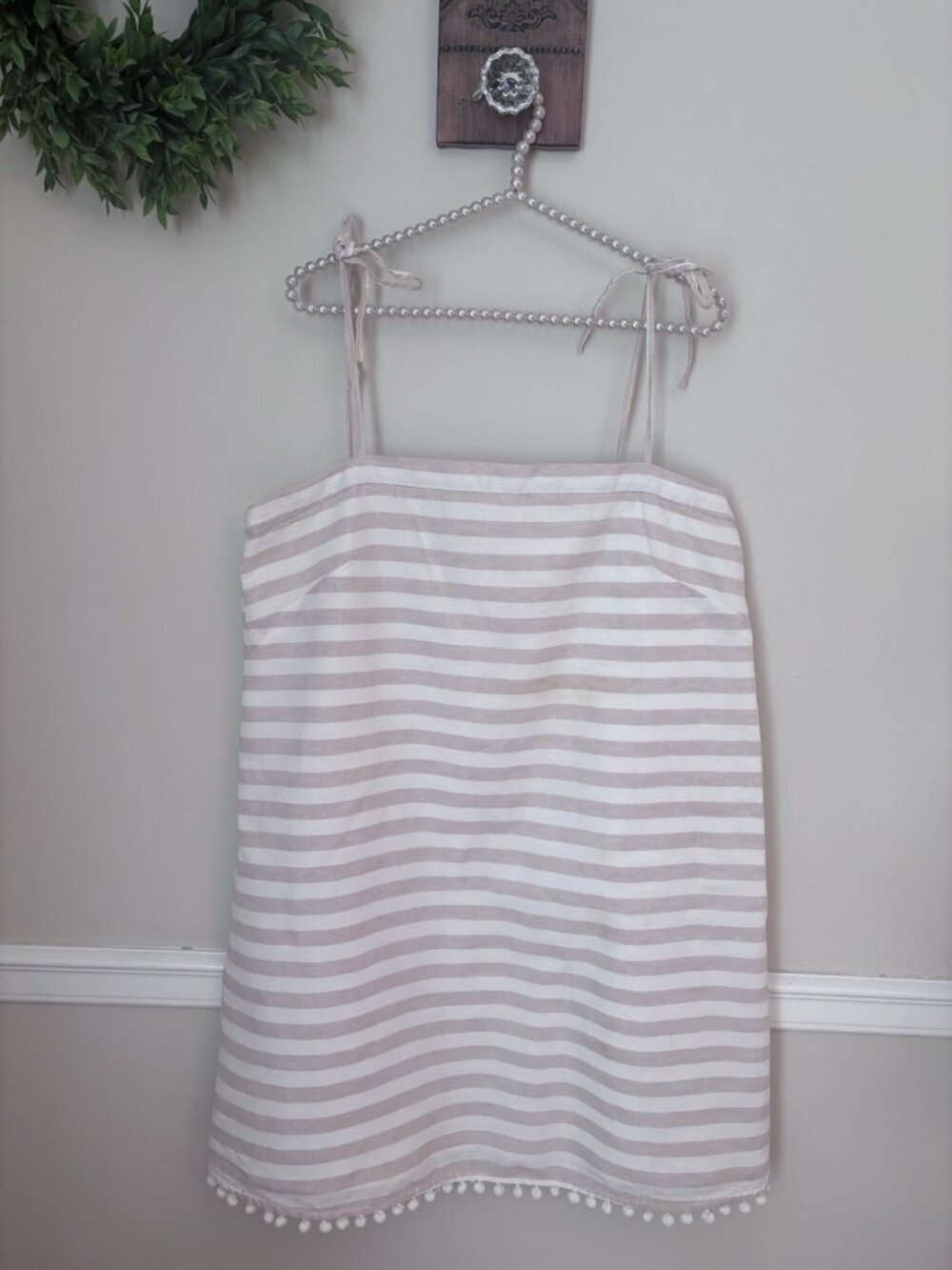 J.Crew Womens Size L Linen Blend Stripe Sleeveless Dress Tan Cream Pom Pom Trim